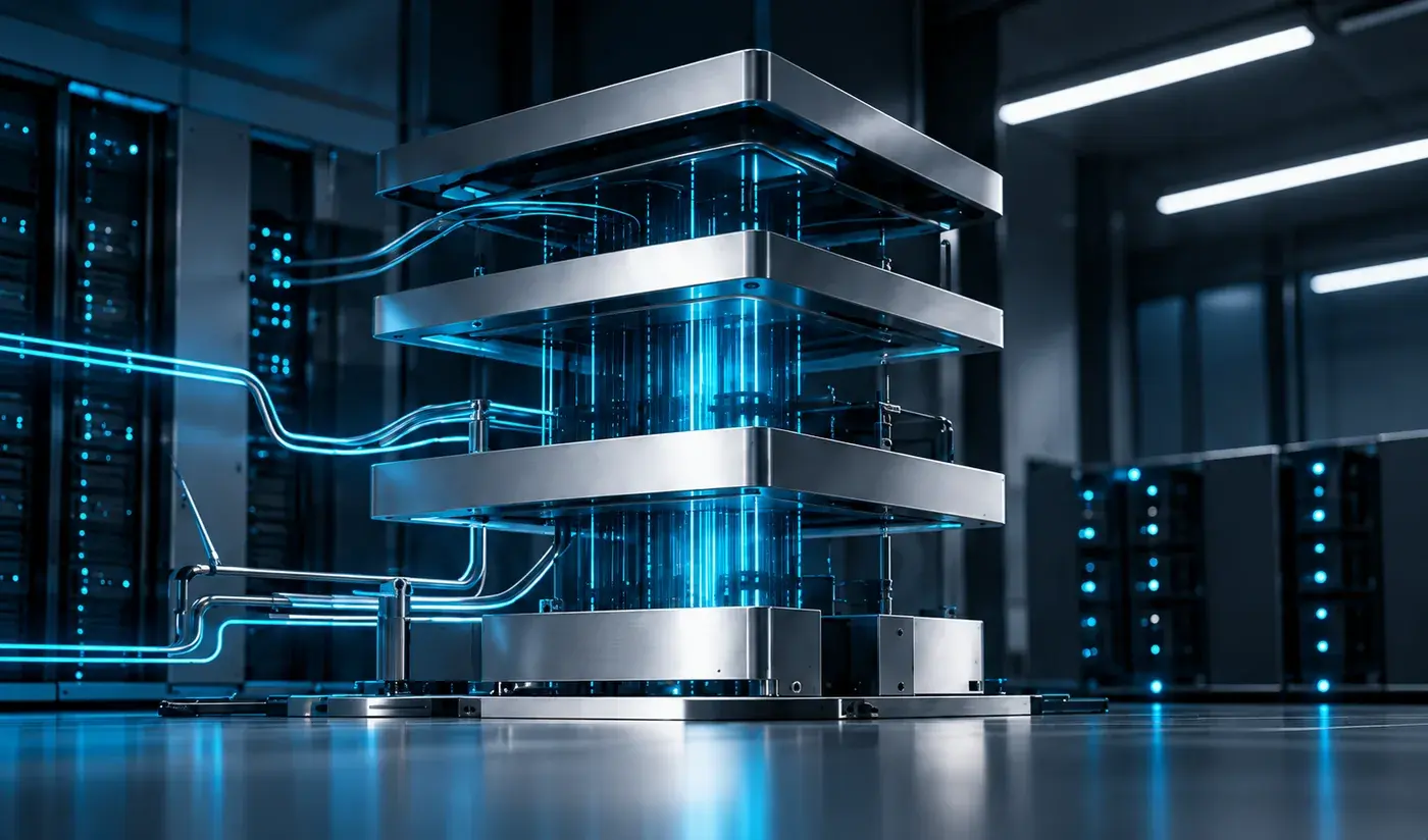 Conceptual layered industrial information architecture with connected silver planes.