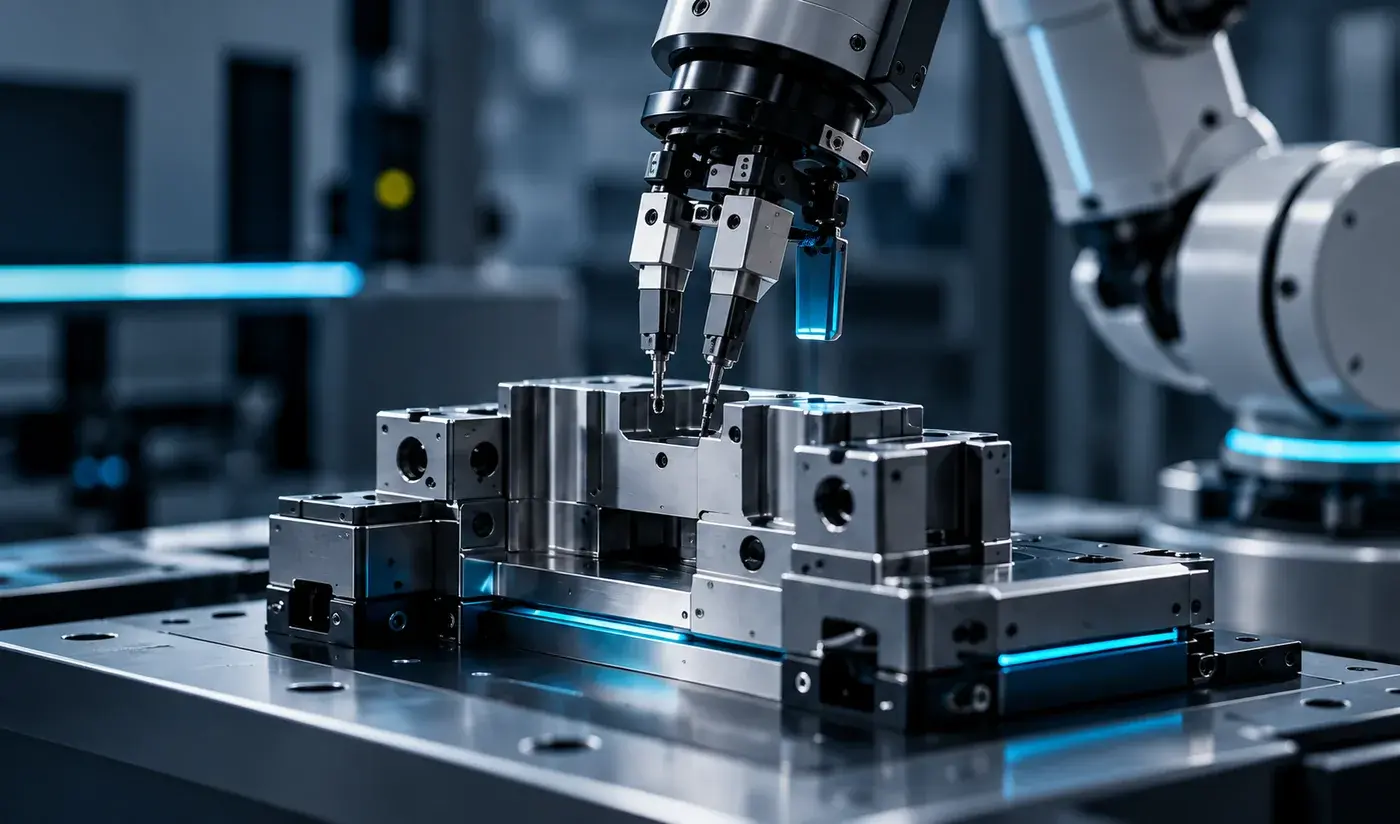 Conceptual robotic end-effector and precision-machined engineering fixture.