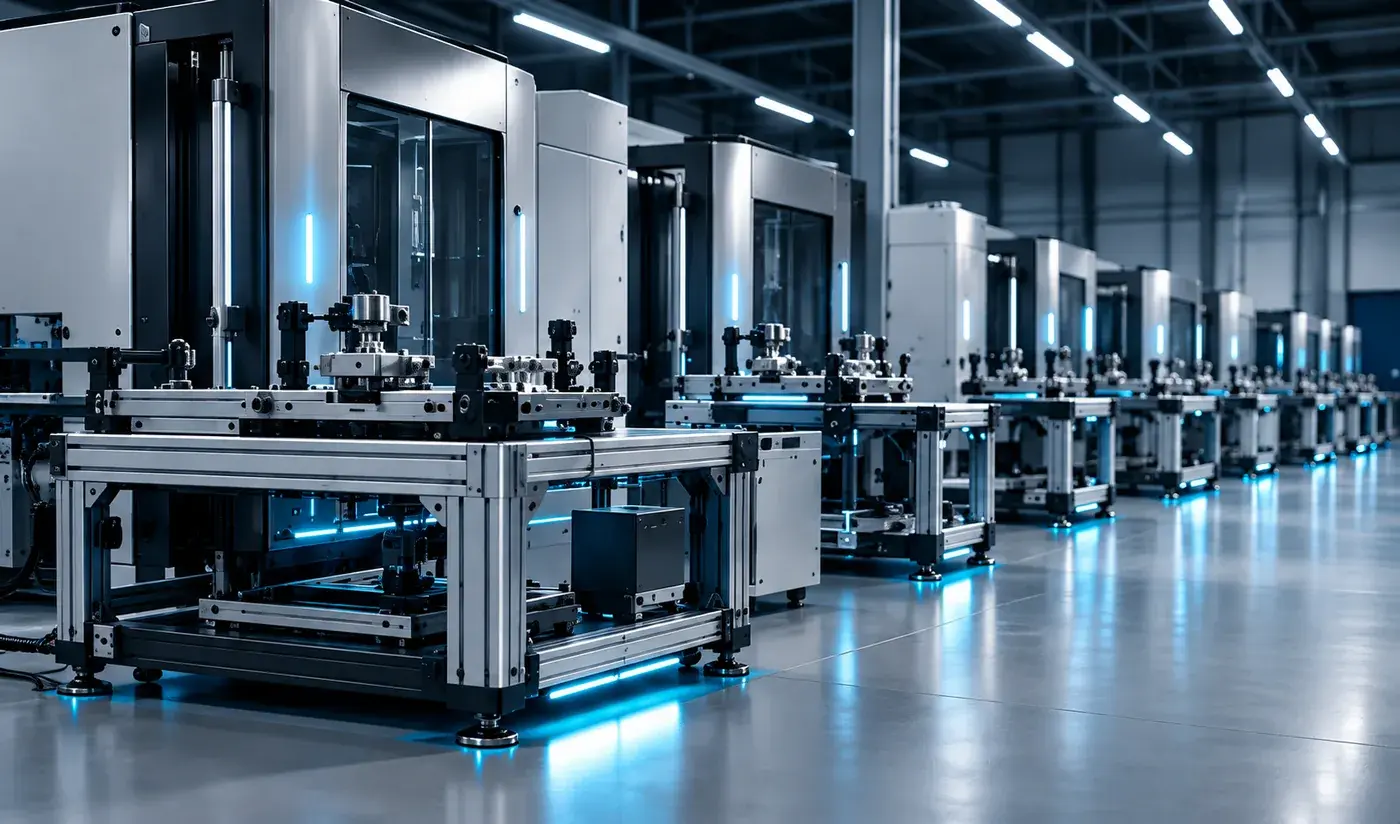 Conceptual connected production stations illustrating coordinated manufacturing processes.