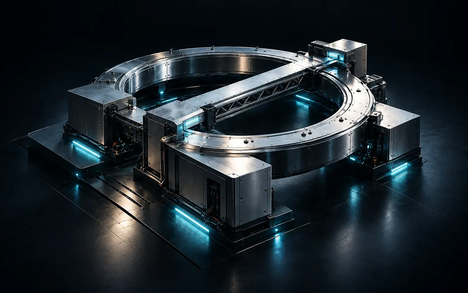Conceptual precision gantry connecting four engineering modules, with silver surfaces and blue illumination.