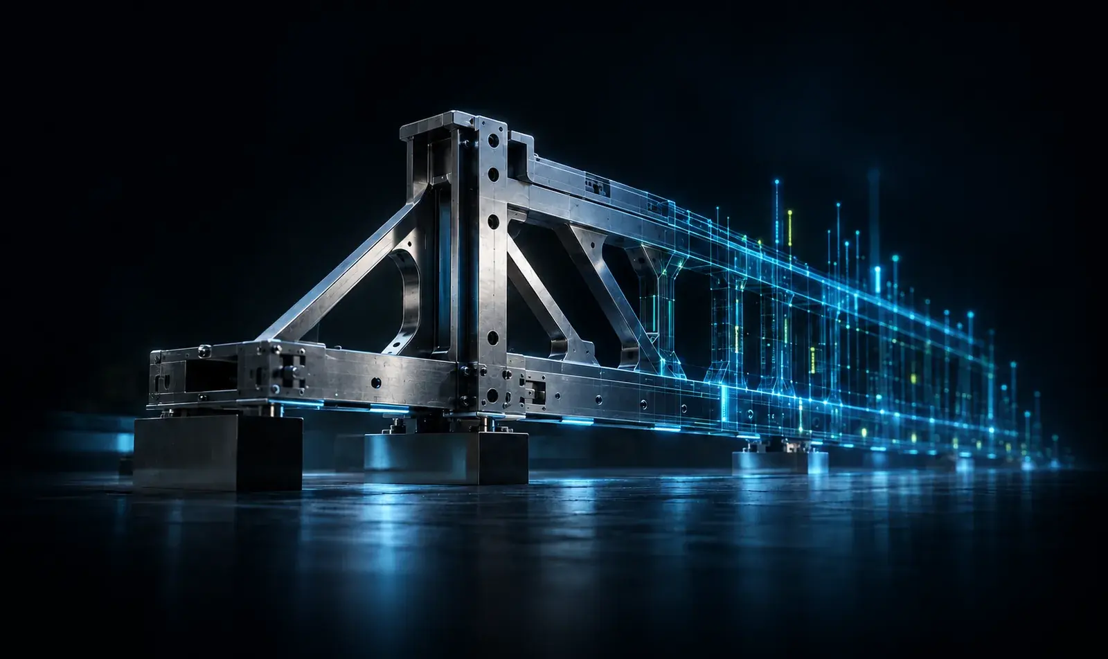 Conceptual mechanical bridge transitioning into a structured digital connection.